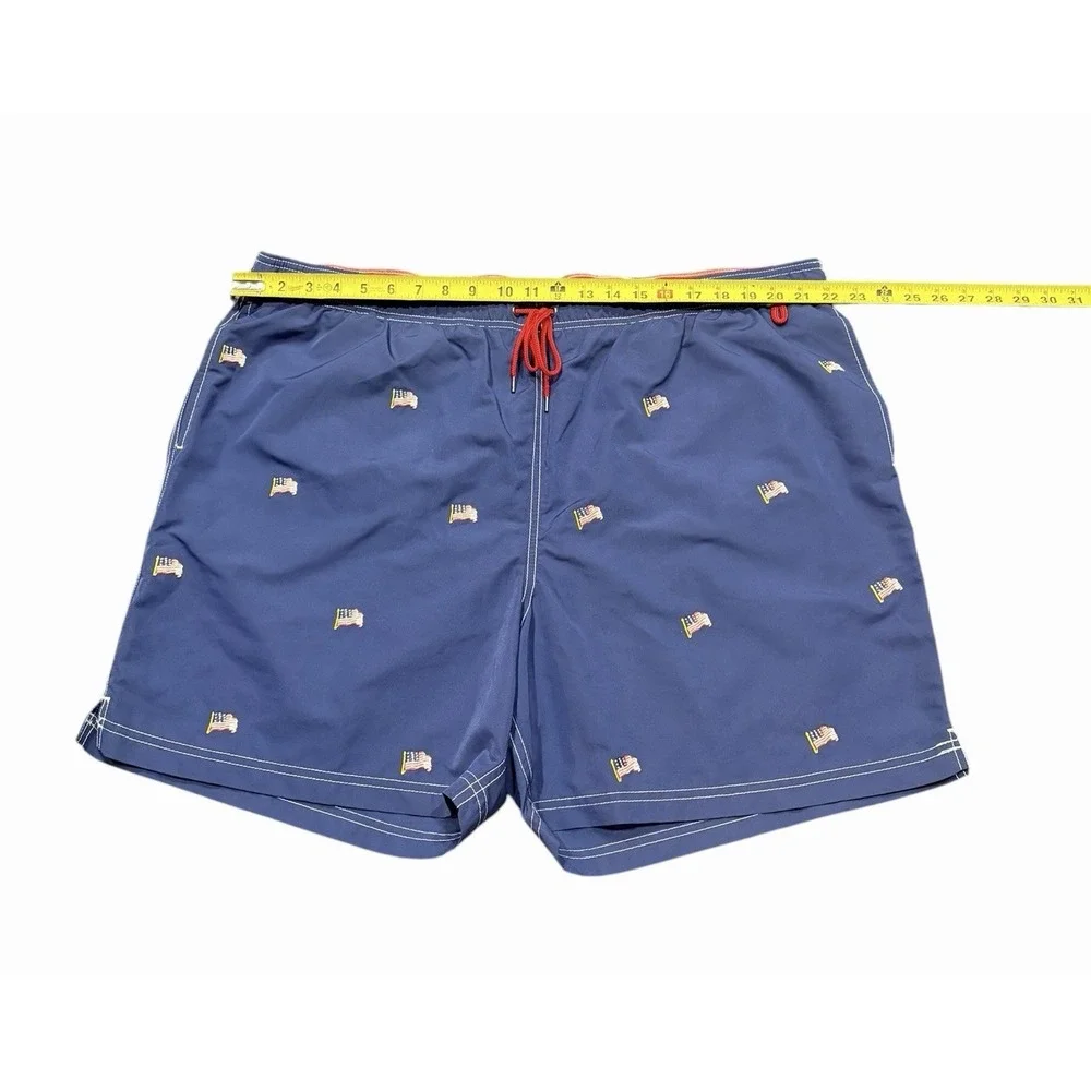 Lands End Swim Trunks Mens XXL Blue Embroidered Patriotic American Flags Lined